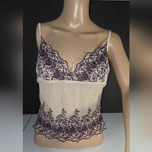 Gorgeous Camisole Stretchy Mesh Beige & embroidered Purple Sz XL